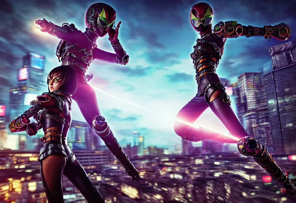 Image similar to huge belt, female kamen rider, hero action pose, human structure, human anatomy, full body hero, intricate detail, hyperrealistic art and illustration by a. k. a limha lekan a. k. a maxx soul and alexandre ferra, global illumination, blurry and sharp focus, on future tokyo night rooftop, frostbite engine