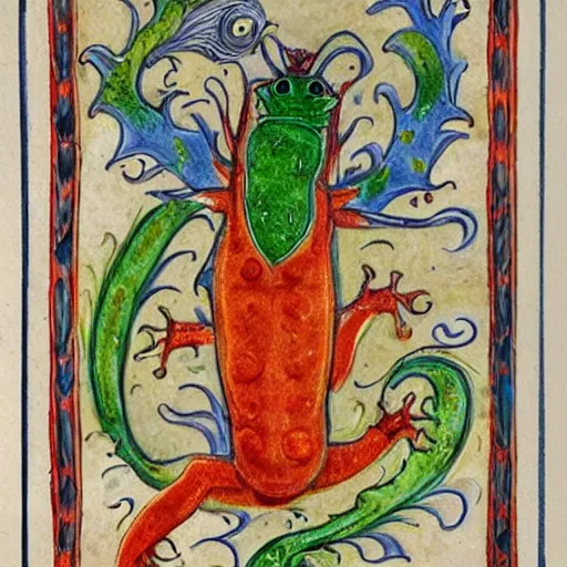 Image similar to salamander on fire in the style of a grotesque of an illuminated manuscript