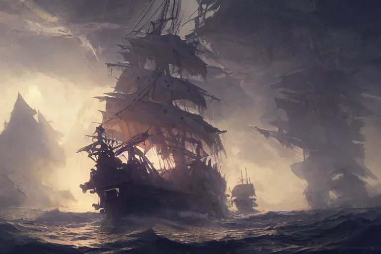 Image similar to an old pirate ship in space, digital painting, volumetric light, intricate, sharp, focus, bloom, illustration, highly detailed, concept art, matte, ruan jia, randy vargas, greg rutkowski