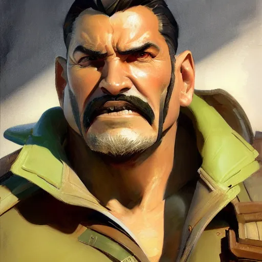 Image similar to greg manchess close - up portrait painting of a handsome older male dieselpunk orc with olive green skin as an overwatch character, medium shot, asymmetrical, profile picture, organic painting, sunny day, matte painting, bold shapes, hard edges, street art, trending on artstation, by huang guangjian and gil elvgren and sachin teng