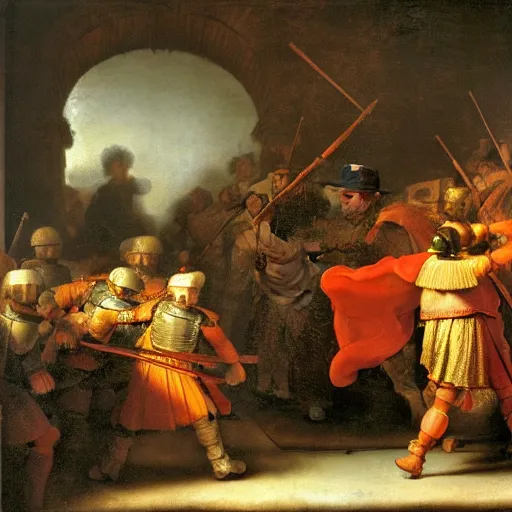 Prompt: Rembrandt painting of the praetorian guard attacking the Roman emperor