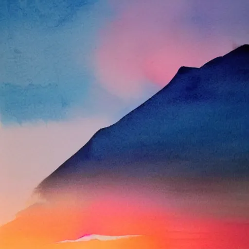 Prompt: blue watercolor mountains with a pink and blue rising sun cloudy sky, soft colors