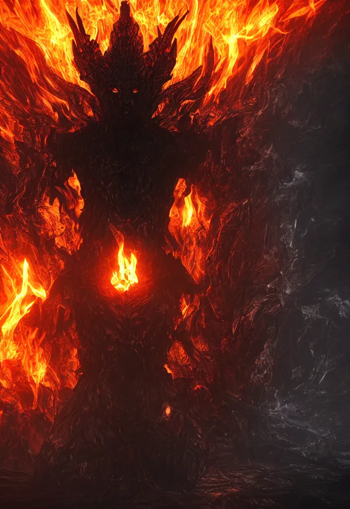 Prompt: the dark deity is reborn from the fire, dark and mysterious, atmospheric, ominous, eerie, cinematic, cinematic, 4k, ultra detail, ultra realistic