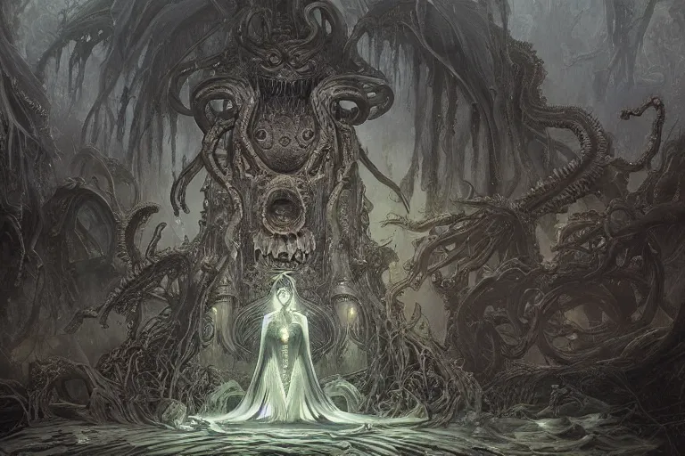 Prompt: a lovecraftian painting of a demonic shrine, occult, moster summoning, warlocks ritual, cosmic horror elements, ultra realistic, concept art, intricate details, eerie, highly detailed, photorealistic, octane render, 8 k, unreal engine. art by artgerm and greg rutkowski and alphonse mucha