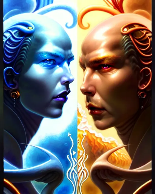 Image similar to a portrait of gemini water and fire fantasy character portrait facing each other, ultra realistic, wide angle, intricate details, the fifth element artifacts, highly detailed by peter mohrbacher, hajime sorayama, wayne barlowe, boris vallejo, aaron horkey, gaston bussiere, craig mullins