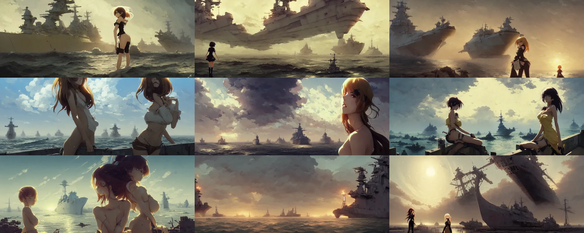 Prompt: hyper - realistic portrait of battleship graveyard, beautiful anime woman looking at ships, in style of atey ghailan, by greg rutkowski, by greg tocchini, by james gilleard, by joe fenton, by kaethe butcher, dynamic lighting, gradient light yellow, brown, blonde cream and white color scheme, anime aesthetic