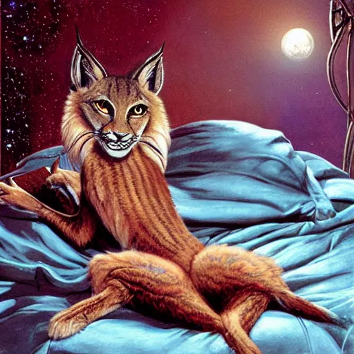 Prompt: hairy maned lynx - headed romantic hero in satin robe, laying on sci fi bed, science fiction, pulp sci fi, michael whelan, ron cobb, highly detailed, mignogna, illustration