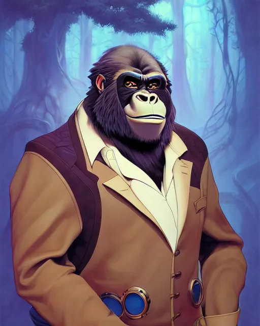 Prompt: don bluth, loish, artgerm, joshua middleton, steampunk, clockpunk anthropomorphic gorilla, full blue suit, smiling, symmetrical eyes symmetrical face, colorful animation forest background