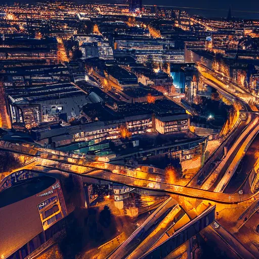 Prompt: dystopian Stockholm inner city, flying drones with spotlights illuminating the environment, hyper realism, grunge, colorful, 8k, photograph