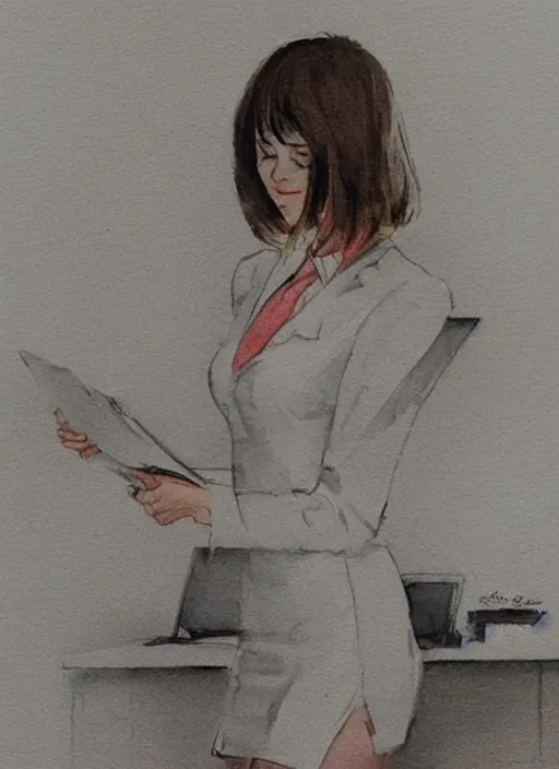 Image similar to concept art of a modern office life, young attractive business woman, pencil miniskirt, pinterest, artstation trending, behance, watercolor, by coby whitmore, silver, laser light,