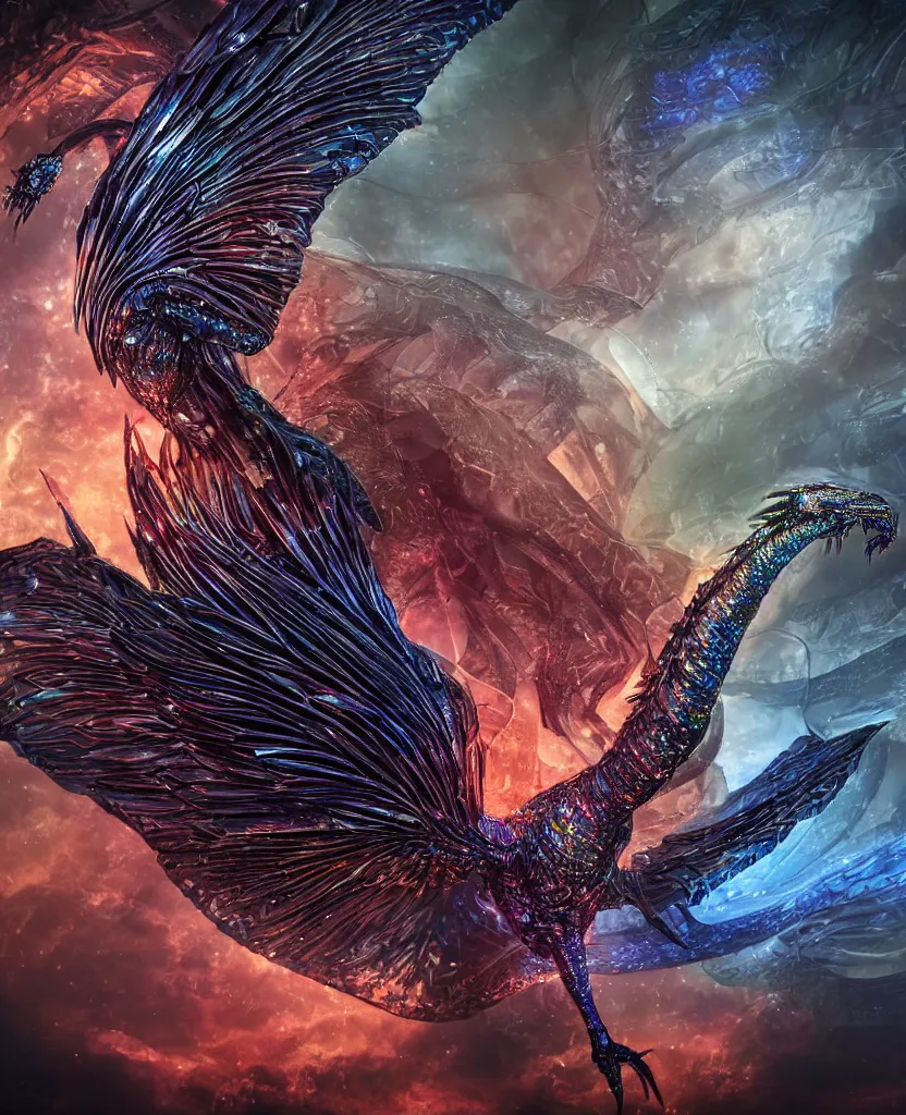 Image similar to close-up macro portrait of the dark queen, epic angle, epic pose, symmetrical artwork, photorealistic, iridescent, 3d with depth of field, blurred background. cybernetic phoenix bird, translucent dragon, nautilus. energy flows of water and fire. a highly detailed epic cinematic concept art CG render. made in Maya, Blender and Photoshop, octane render, excellent composition, cinematic dystopian brutalist atmosphere, dynamic dramatic cinematic lighting, aesthetic, very inspirational, arthouse