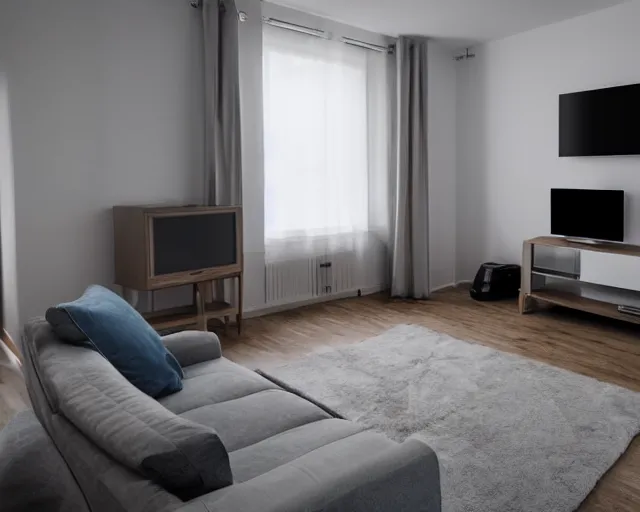 Image similar to Award winning photo of a living room with a TV of a flat abandoned a week ago, 4k, high quality