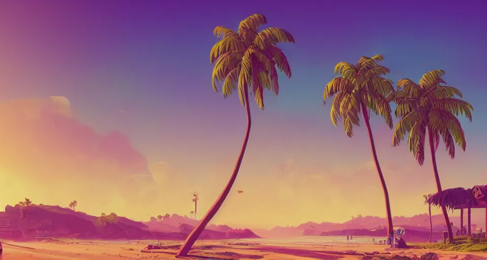 Image similar to Californian beach landscape with palmtrees and a sunset, large sunset, cinematic, synthwave style, rendered by simon stålenhag, rendered by Beeple, Makoto Shinkai, syd meade, environment concept, digital art, unreal engine, 3 point perspective, WLOP, trending on artstation, low level, 4K UHD image, octane render,