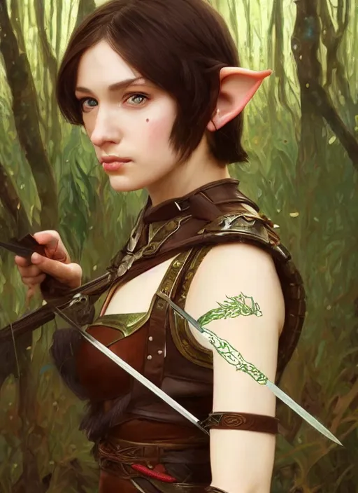 Prompt: a single female half - elf archer, fully covering leather armor, detailed face, brunette, white skin, honey - colored eyes, bob haircut, young, pretty, high fantasy, forest background, highly detailed, digital painting, by tian zi, wlop, alphonse mucha