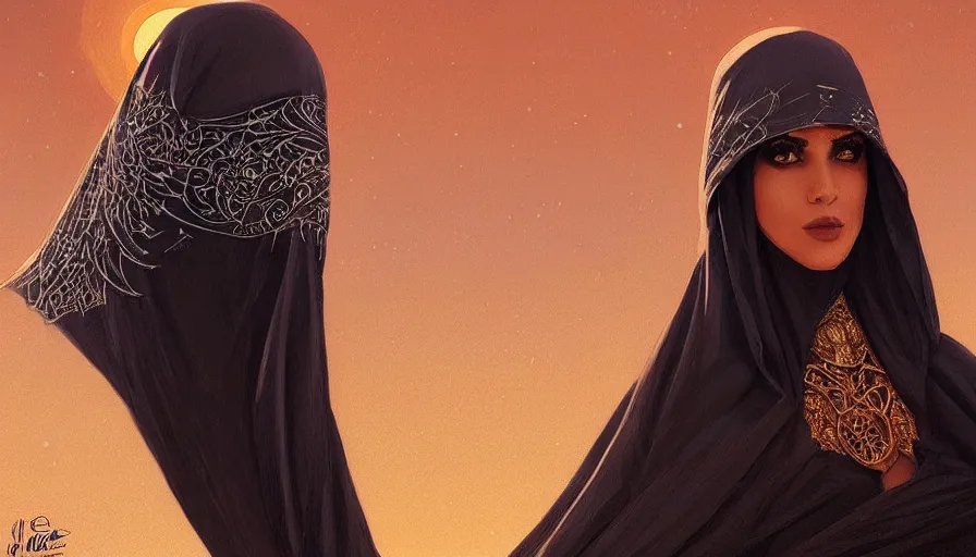 Image similar to Portrait of very very very very very very beautiful Arab woman wearing a Niqab, glowing magical eyes, energy trails, under giant full moon in the desert, intricate, elegant, highly detailed, digital painting, artstation, concept art, smooth, sharp focus, illustration, art by artgerm and greg rutkowski and alphonse mucha