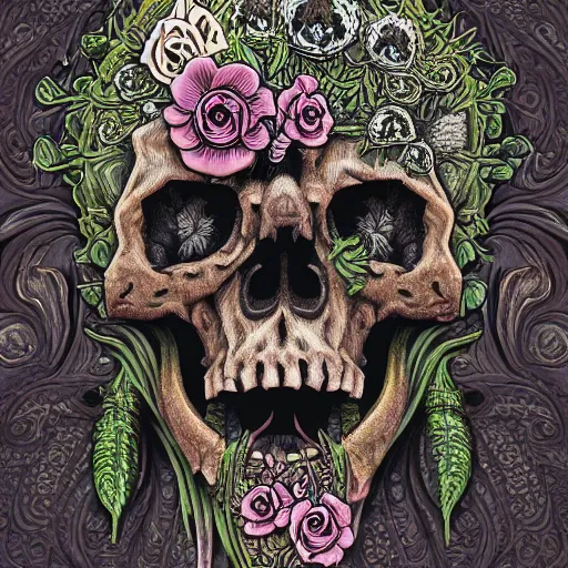 Prompt: detailed rotten skull corpse with fractal plants and fractal flowers and mushrooms growing around, symmetrical, ornate, ornamentation, illustration, in the style of onz_blk