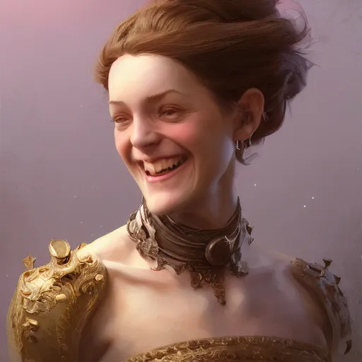 Prompt: portrait of a woman, happy, smile, fun, intricate, elegant, highly detailed, digital painting, artstation, concept art, matte, sharp focus, illustration, octane render, unreal engine, art by aenaluck and roberto ferri and greg rutkowski, epic fantasy, digital painting