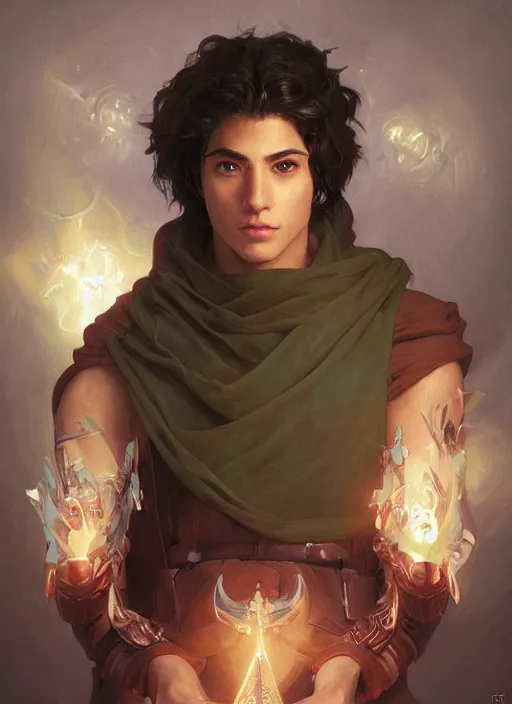 Image similar to character concept portrait of a handsome young heroic hispanic wizard with olive skin casting a love spell, a floating iridescent spell book in the center, intricate, elegant, digital painting, concept art, smooth, sharp focus, illustration, from Metal Gear, by Ruan Jia and Mandy Jurgens and William-Adolphe Bouguereau, Artgerm