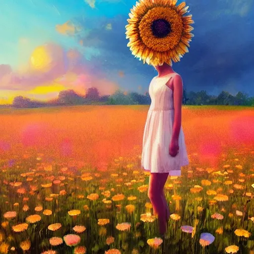 Prompt: head made of giant daisies, girl standing in a vast flower field, holding flowers, surreal photography, sunrise dramatic light, impressionist painting, colorful clouds, large sky, digital painting, artstation, simon stalenhag, flower face