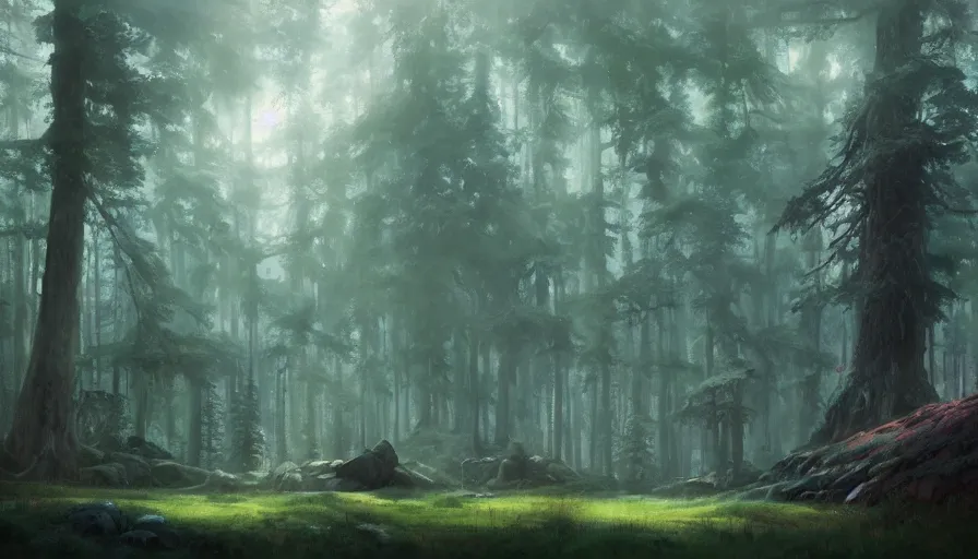 Image similar to beautiful ancient forest, matte painting, beautifully painted, beautiful lighting, enchanted forest, jeremy lipking, studio ghibli, princess mononoke