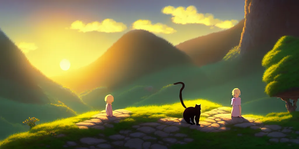 Prompt: the girl and the cat. beautiful sunrise. small village in the mountains. rocky roads. matte painting, anime, studio ghibli. intricate, elegant, super highly detailed, professional digital painting, artstation, concept art, smooth, Unreal Engine 5, Photorealism, HD quality, 8k resolution, cinema 4d, 3D, beautiful, cinematic