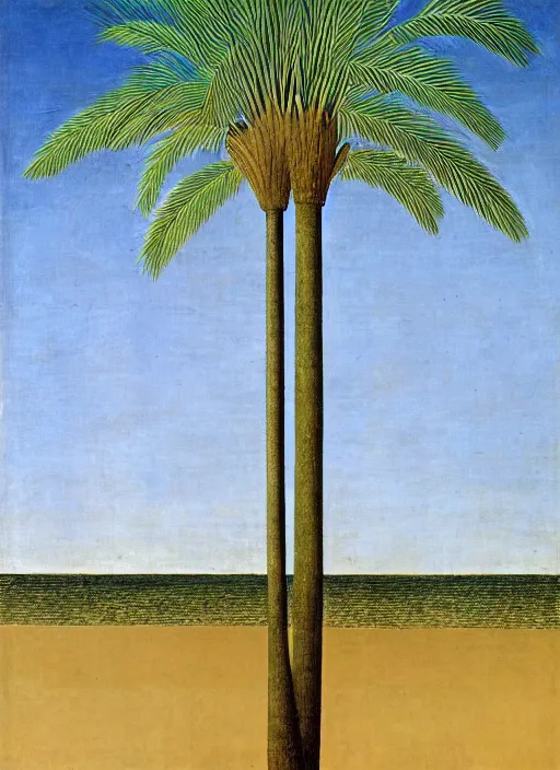 Image similar to realistic and geometrically precise painting of a palm tree painted by piero della francesca, high quality, no blur, 4 k