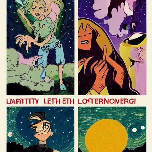 Image similar to hanna barbera by ryan ottley, by luigi loir lush, meticulous. a beautiful art installation of a woman with long flowing hair, wild animals, & a dark, starry night sky.