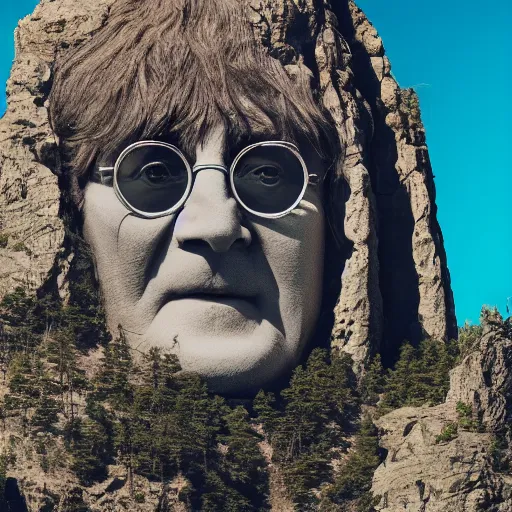 Prompt: bird view of a mountain with a huge face of john lennon carved in the rock, photorealistic, cinematic