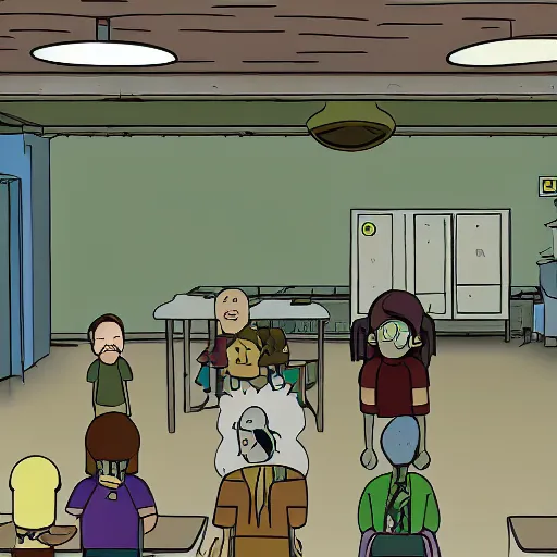 Image similar to school in silent hill, indoors, rick and morty