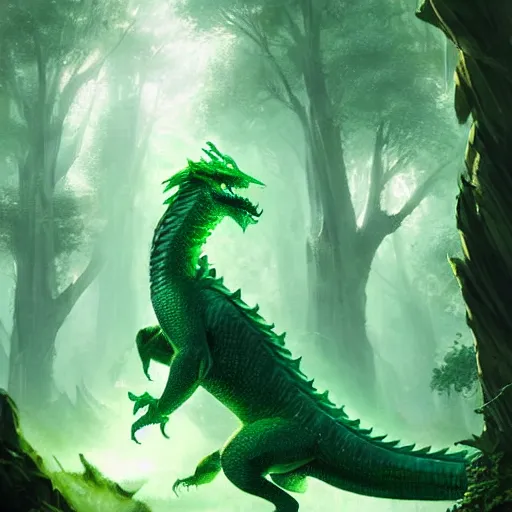 Prompt: A majestic emerald dragon guarding the sacred grove, its scales sparkling in the sparse sunlight, DnD digital concept art by Greg Rutkowski