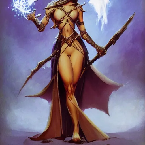 Image similar to elven princess character portrait by frank frazetta - wearing a dress, holding a staff, casting a spell, fantasy, dungeons & dragons, sharp focus, beautiful, artstation contest winner, detailed