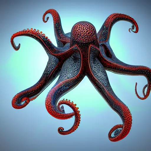 Image similar to complex floating abstract 3 d object in frontal view, ultra rendered extreme realism and detail, 8 k, highly detailed, realistic, pbr, oktane render, biomorphic, symmetrical, looks like a futuristic octopus,