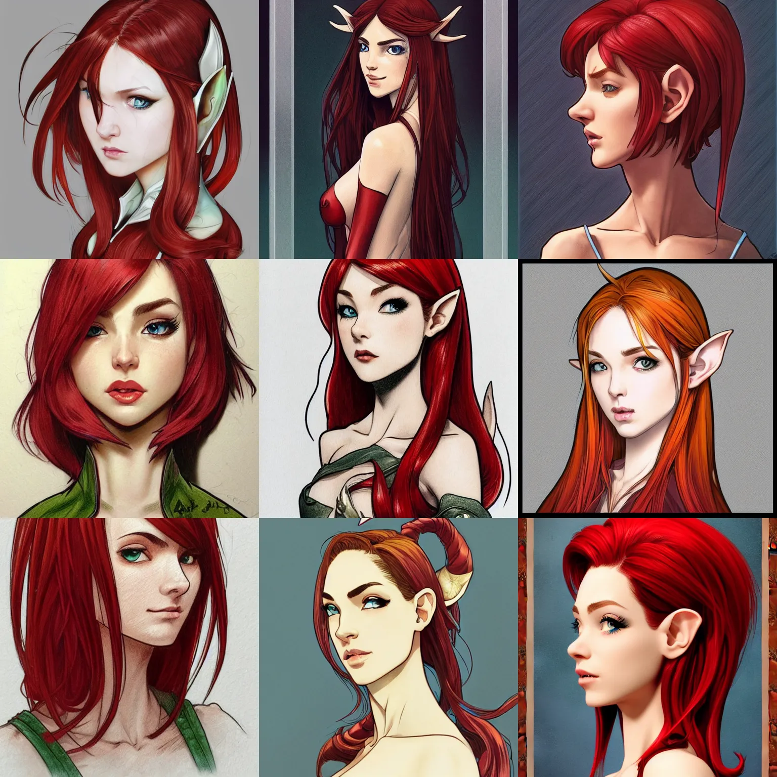 Prompt: phil nato comic art profile (side-view) portrait of very beautiful elf girl, headshot, looking up, hyper realistic, pale skin, bright red hair, 4k, rule of thirds, extreme detail, detailed drawing, trending artstation, hd, fantasy, D&D, realistic lighting, art by artgerm and alphonse mucha and eiichiro oda, sharp focus, backlit, elegant