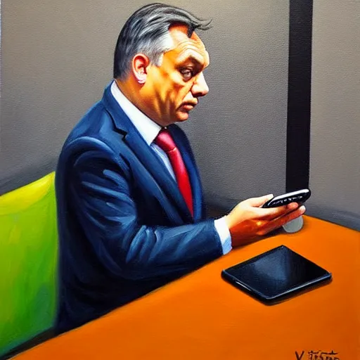 Image similar to viktor orban tiktok on his phone in a cubicle, oil painting