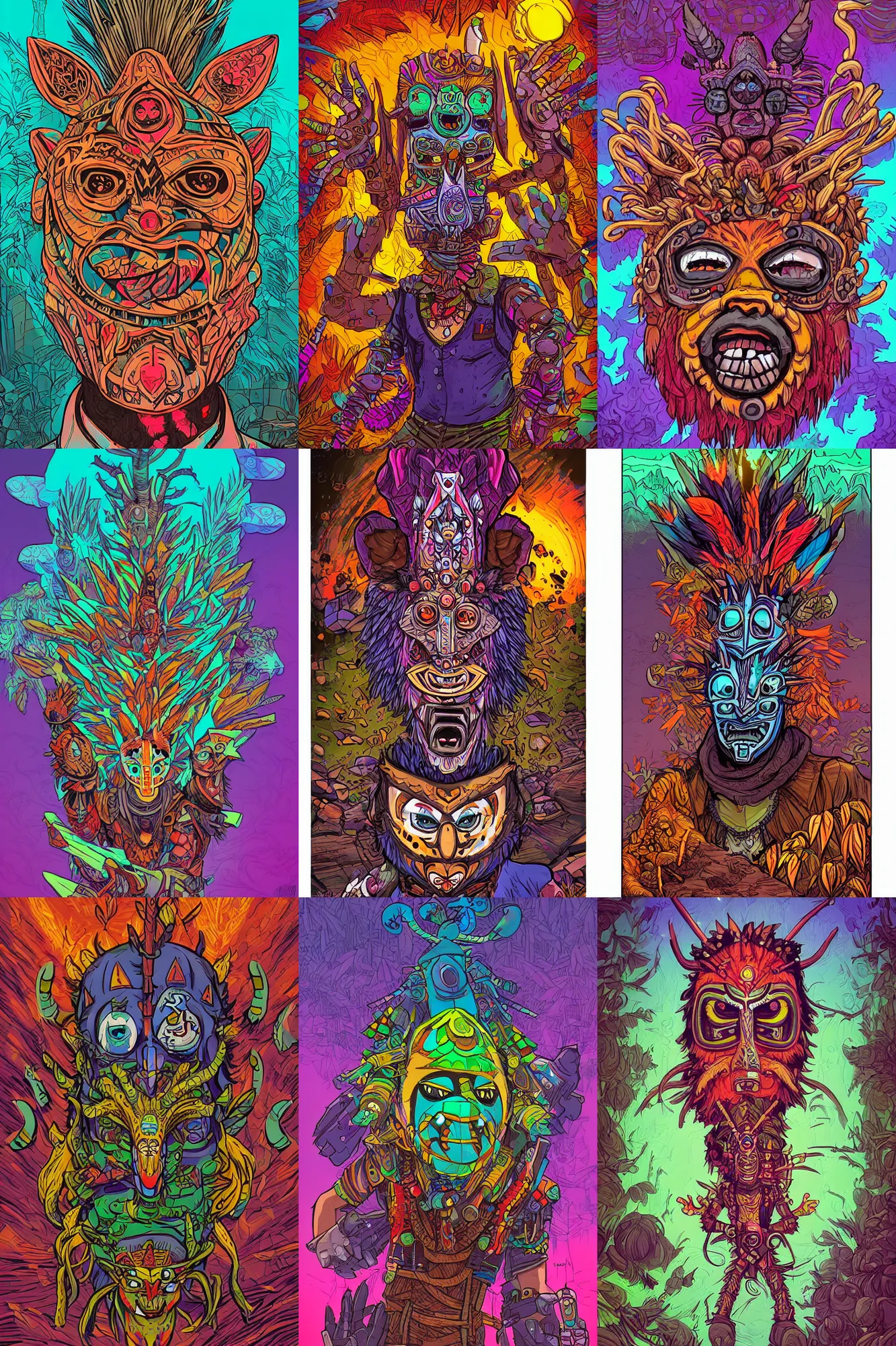Prompt: a person dressed up as a totem animal tribal chaman vodoo mask feather gemstone plant wood rock video game illustration vivid color borderlands by josan gonzales and dan mumford radiating a glowing aura