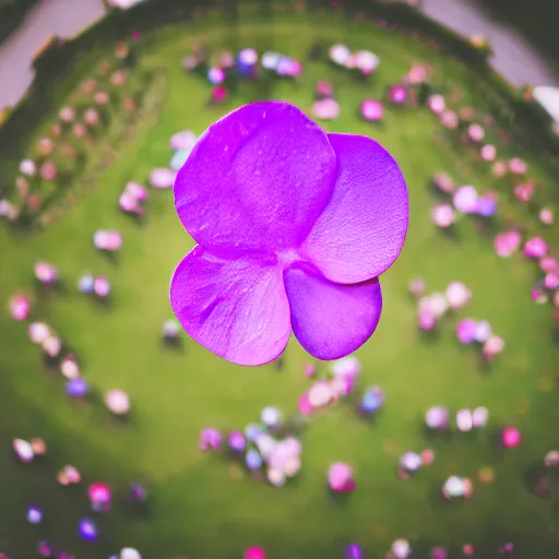 Prompt: closeup photo of 1 lone purple petal flying above a kids in park, aerial view, shallow depth of field, cinematic, 8 0 mm, f 1. 8 - c 1 1. 0