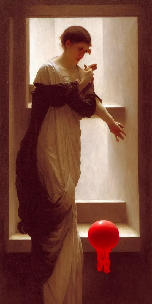 Image similar to dark, gloomy room. on the wooden floor lay red ball. volumetric lighting coming from the broken window. broken photos in frames on walls. chaotic view. creepy feeling. tiny spider hiding in the shadows. william - adolphe bouguereau. oil painting.