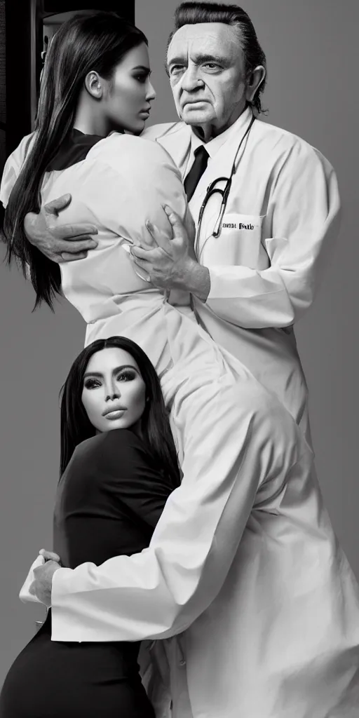 Prompt: johnny cash hugging kim kardashian, kim wearing a nurse outfit, real photo, hospital background, intricate, epic lighting, cinematic composition, hyper realistic, 8k resolution, unreal engine 5