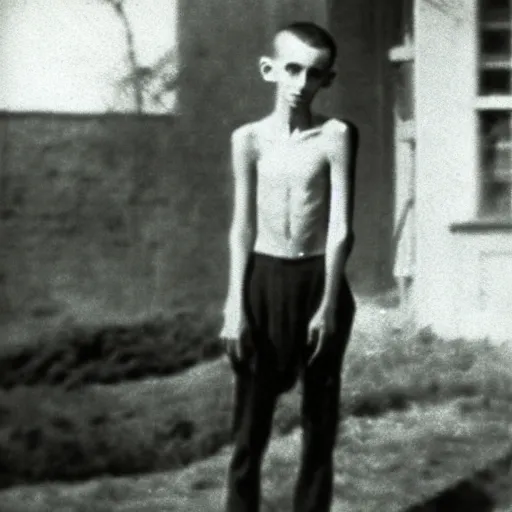 Image similar to Photograph of a young extremely thin 1930s outcast man with long hair