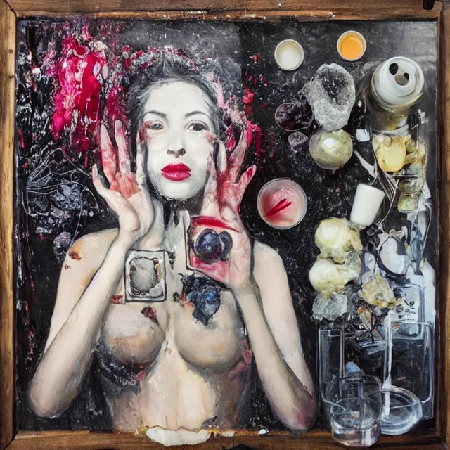 Prompt: “ sensual, a portrait in a female art student ’ s apartment, broken glass, bagels, brain, fresh fruit, hand reaching out from a painting, berries, pig, skull, scientific glassware, art materials, candle dripping white wax, berry juice drips, neo - expressionism, surrealism, acrylic and spray paint and oilstick on canvas ”