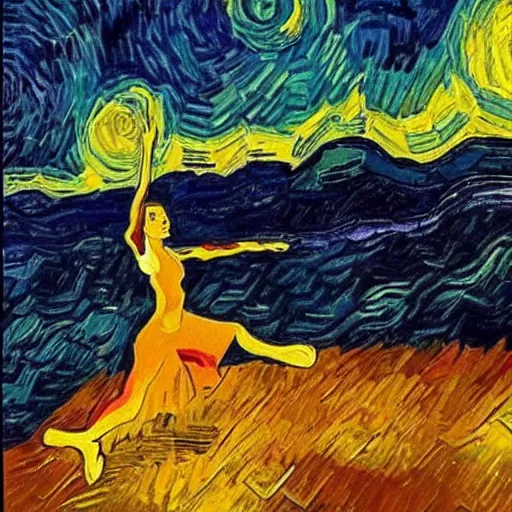 Image similar to dancer silhouette in front of sunset clouds van gogh oil painting