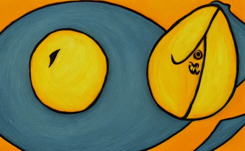 Image similar to an evil lemon, expressionist painting, detailed