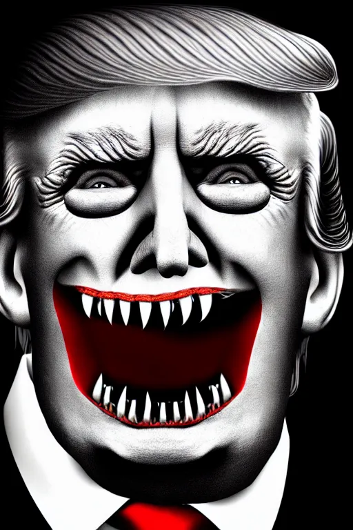 Image similar to donald trump dracula, fangs, character portrait, close up, concept art, intricate details, hyper realistic, in the style of otto dix and h. r giger