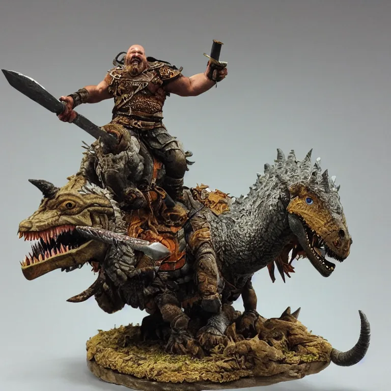Prompt: diorama of a viking berserker riding a dinosaur, highly detailed, award winning mini painting, studio lighting