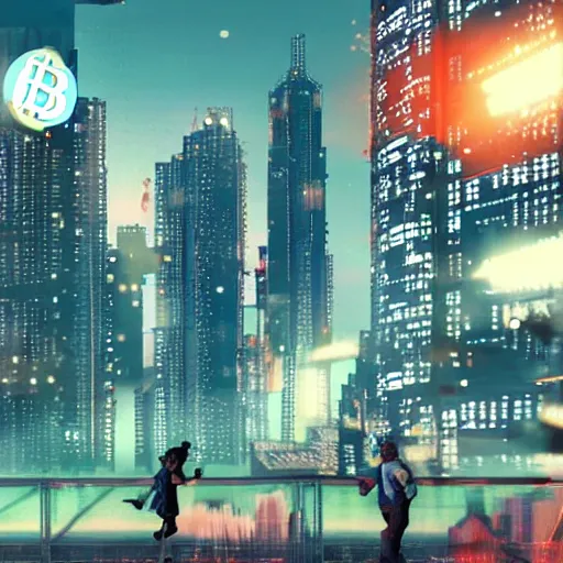 Image similar to people running away scared from bitcoin city, bitcoin evil, cyberpunk art ultrarealistic 8k