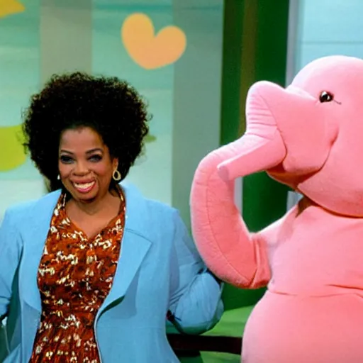 Prompt: a pink elephant as a guest in the oprah winfrey show