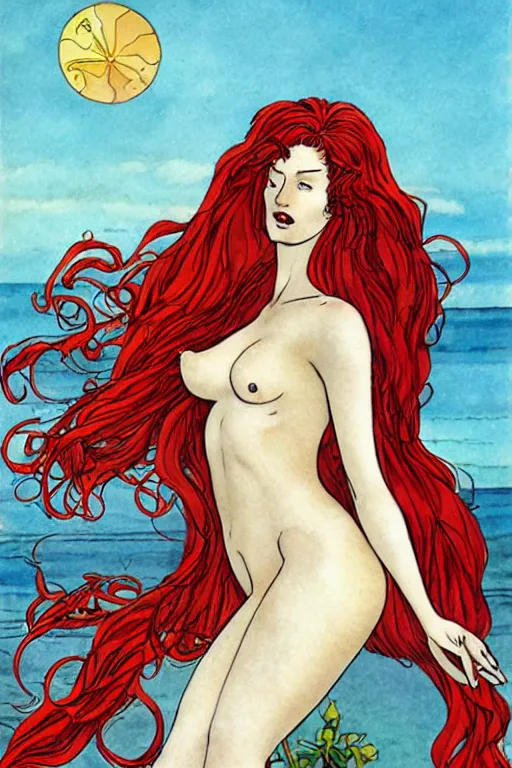 Image similar to aphrodite with long red hair, windy hair, art by Milo Manara