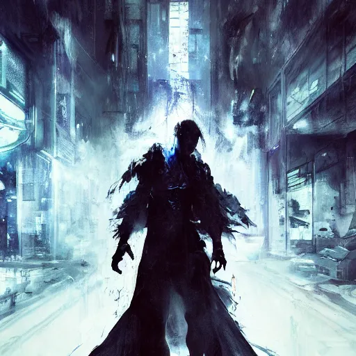 Image similar to a humanoid cyberpunk white dragon wearing a white mage robe by melmoth zdzislaw belsinki craig mullins yoji shinkawa realistic render ominous detailed photo atmospheric by jeremy mann francis bacon and agnes cecile ink drips paint smears digital cyberpunk, realistic anime, dramatic lighting, red light, red highlights