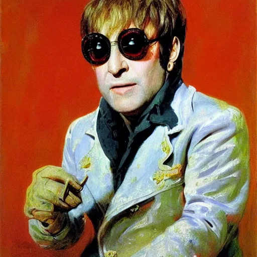 Image similar to portrait of ultra crazy elton john lennon in 1 9 7 0 by ilya repin