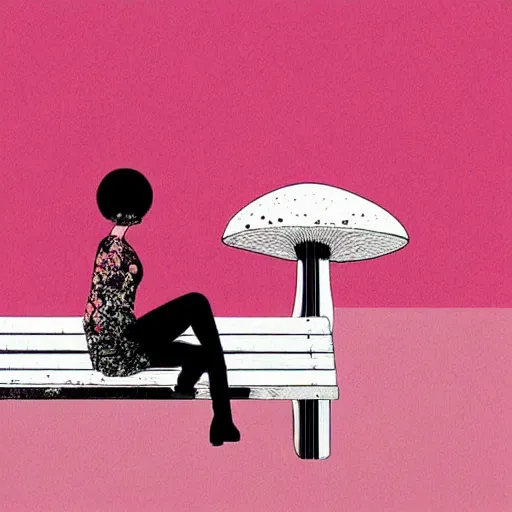 Image similar to girl sitting on a park bench nuclear explosion in the background, nuclear mushroom cloud, by conrad roset, digital art